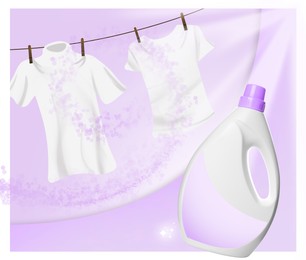 Image of Fabric softener advertising design. Bottle of conditioner and rope with drying laundry on violet background