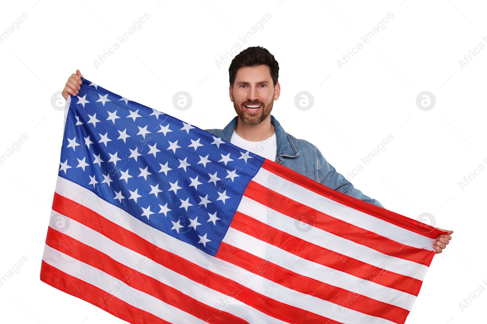 Image of 4th of July - Independence day of America. Happy man holding national flag of United States on white background