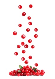 Image of Fresh red cranberries falling in pile on white background