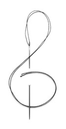 Photo of Shape of treble clef made with sewing needle and thread isolated on white, top view