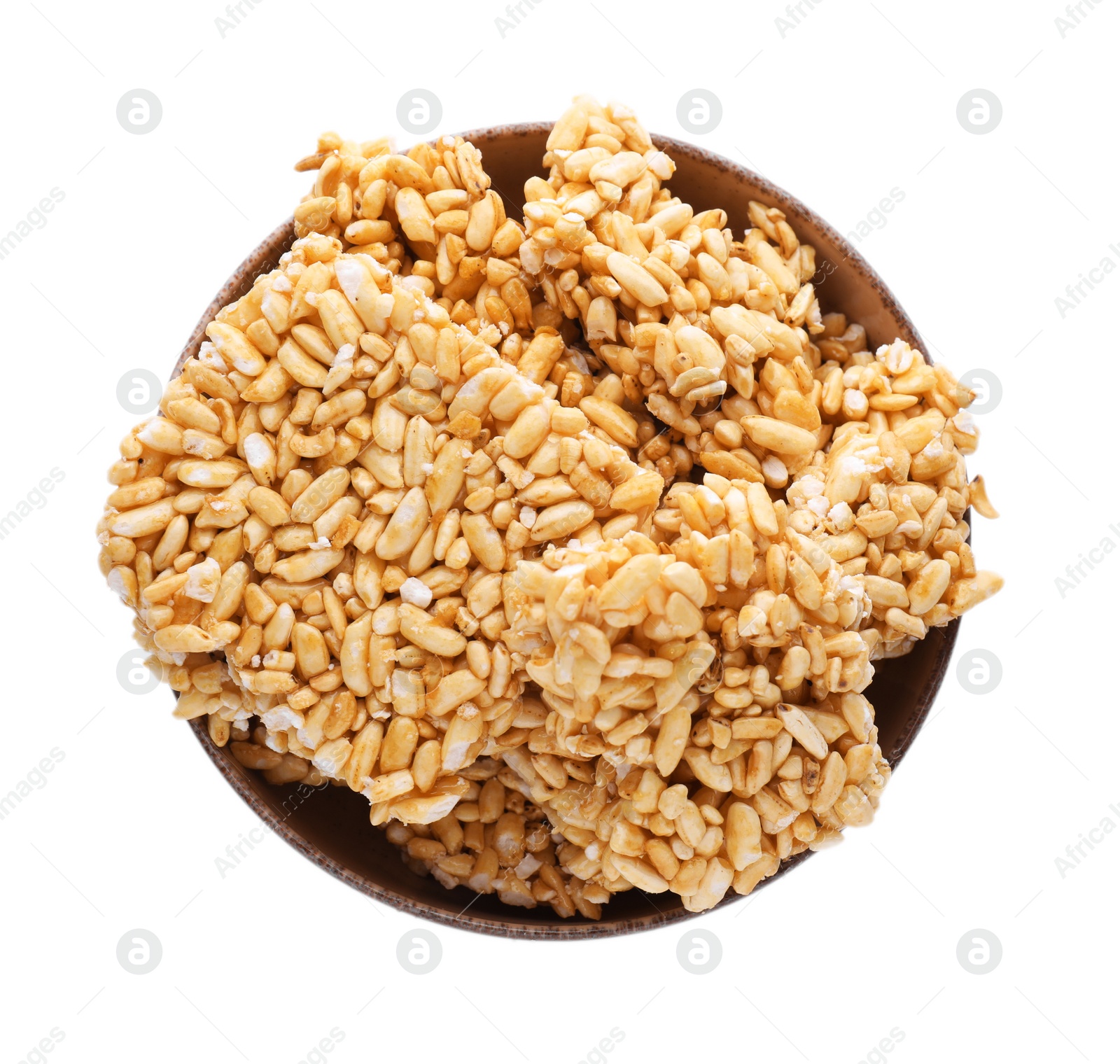 Photo of Bowl of puffed rice bars (kozinaki) on white background, top view