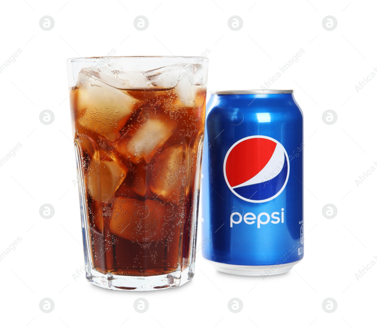Photo of MYKOLAIV, UKRAINE - FEBRUARY 10, 2021: Glass and can of Pepsi on white background