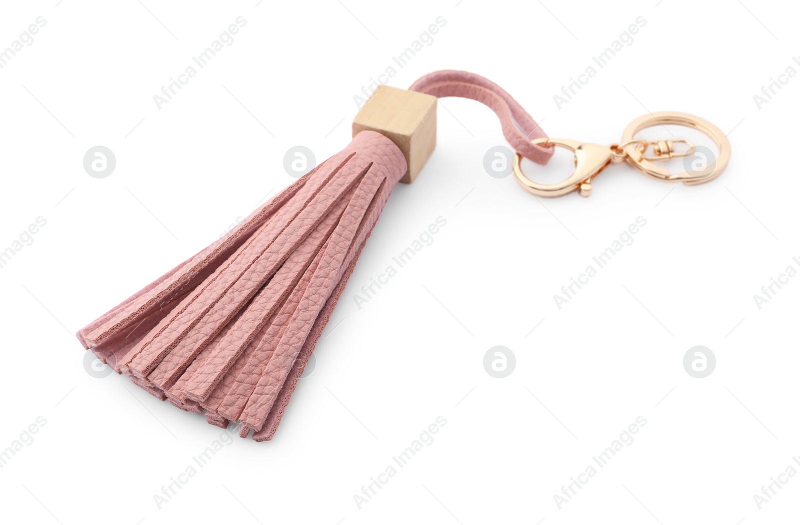 Photo of One pink leather keychain isolated on white