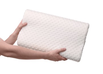 Man with orthopedic pillow on white background, closeup