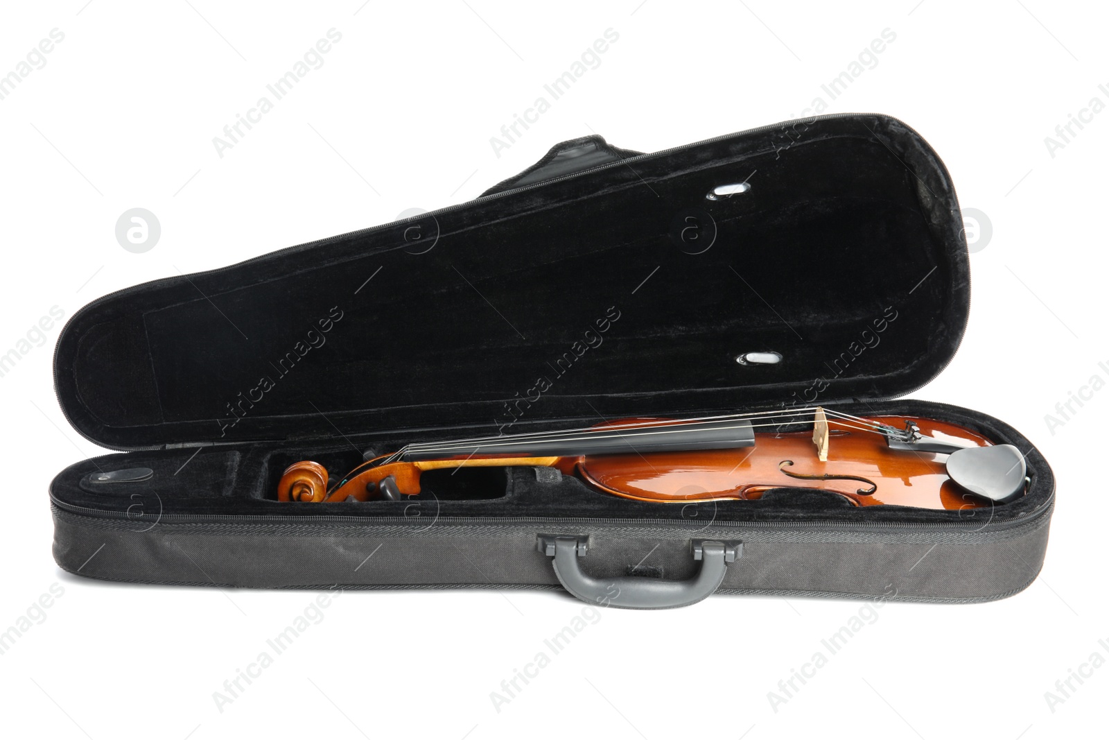 Photo of Beautiful classic violin in case isolated on white. Musical instrument