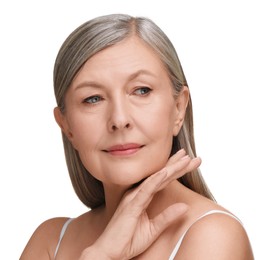 Photo of Beautiful mature woman with healthy skin on white background