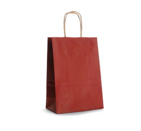 Photo of Blank red paper bag on white background. Space for design