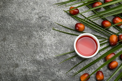 Photo of Flat lay composition with palm oil and fresh fruits on grey table. Space for text