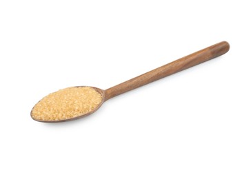 Wooden spoon with brown sugar isolated on white