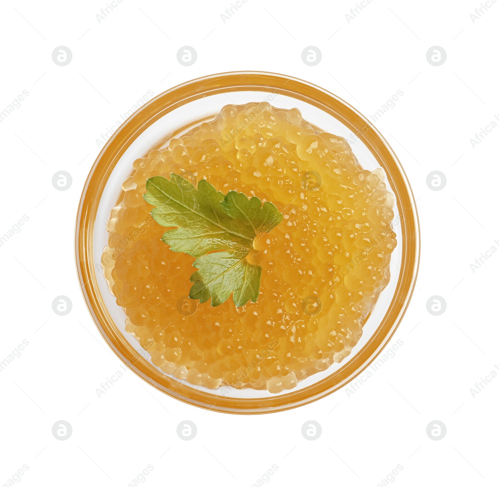 Photo of Fresh pike caviar in bowl isolated on white, top view