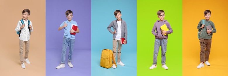 Schoolboy on color backgrounds, set of photos