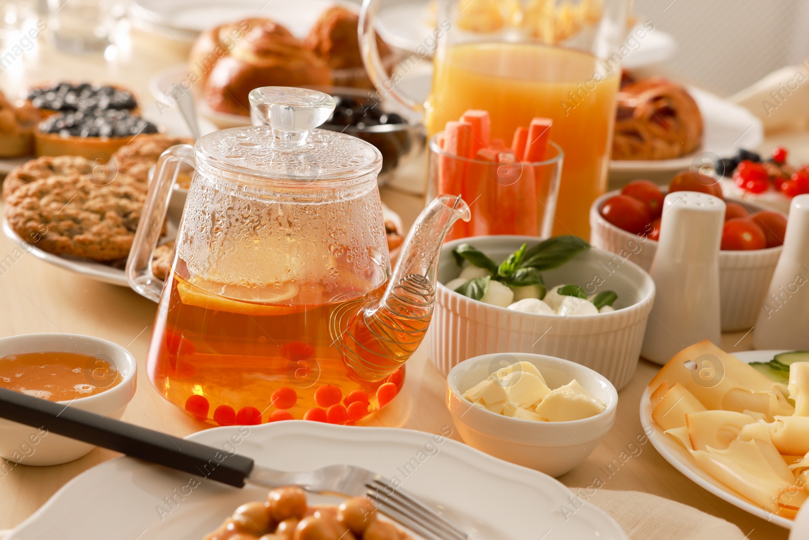 Photo of Dishes with different food on table. Luxury brunch