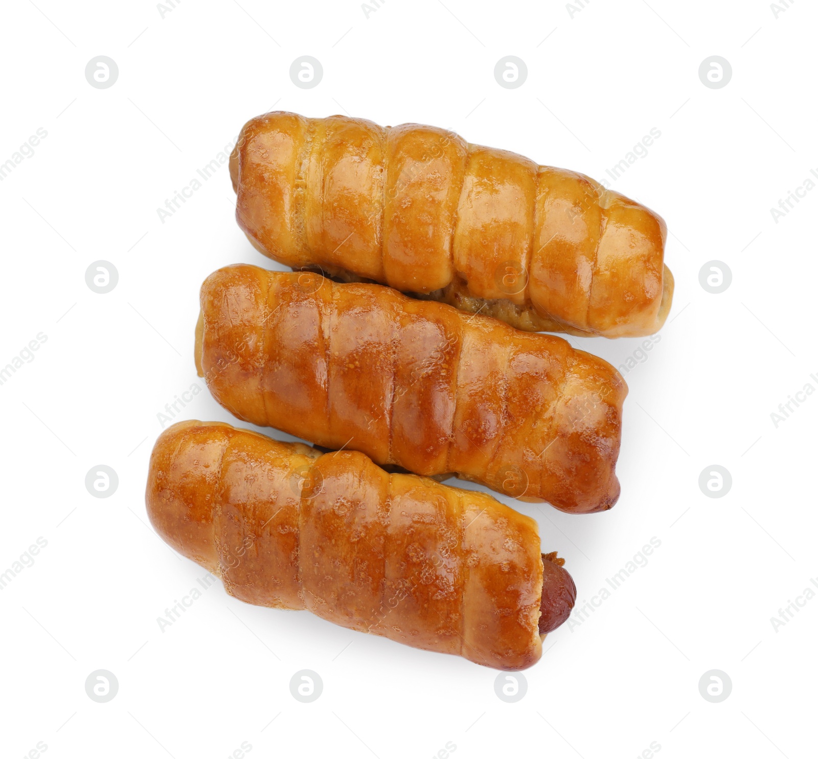 Photo of Delicious sausage rolls isolated on white, top view