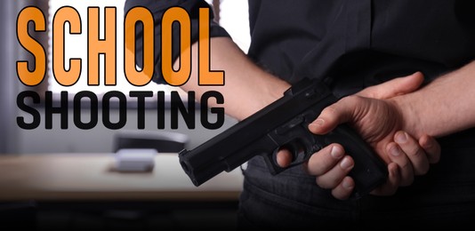 Image of School shooting. Man holding gun indoors, closeup