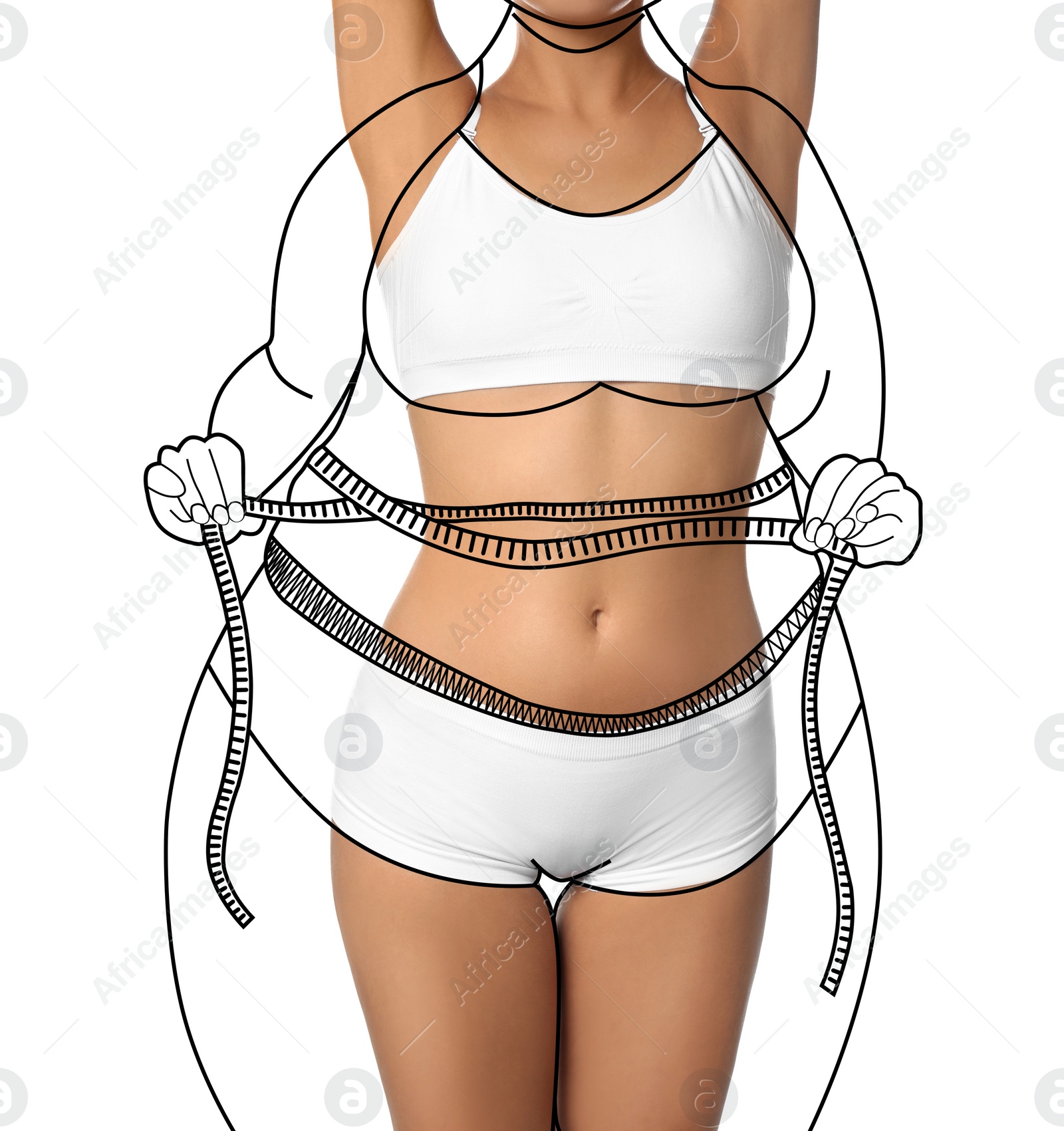 Image of Slim young woman after weight loss on white background, closeup view 