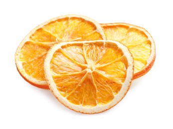 Photo of Delicious dry orange slices on white background
