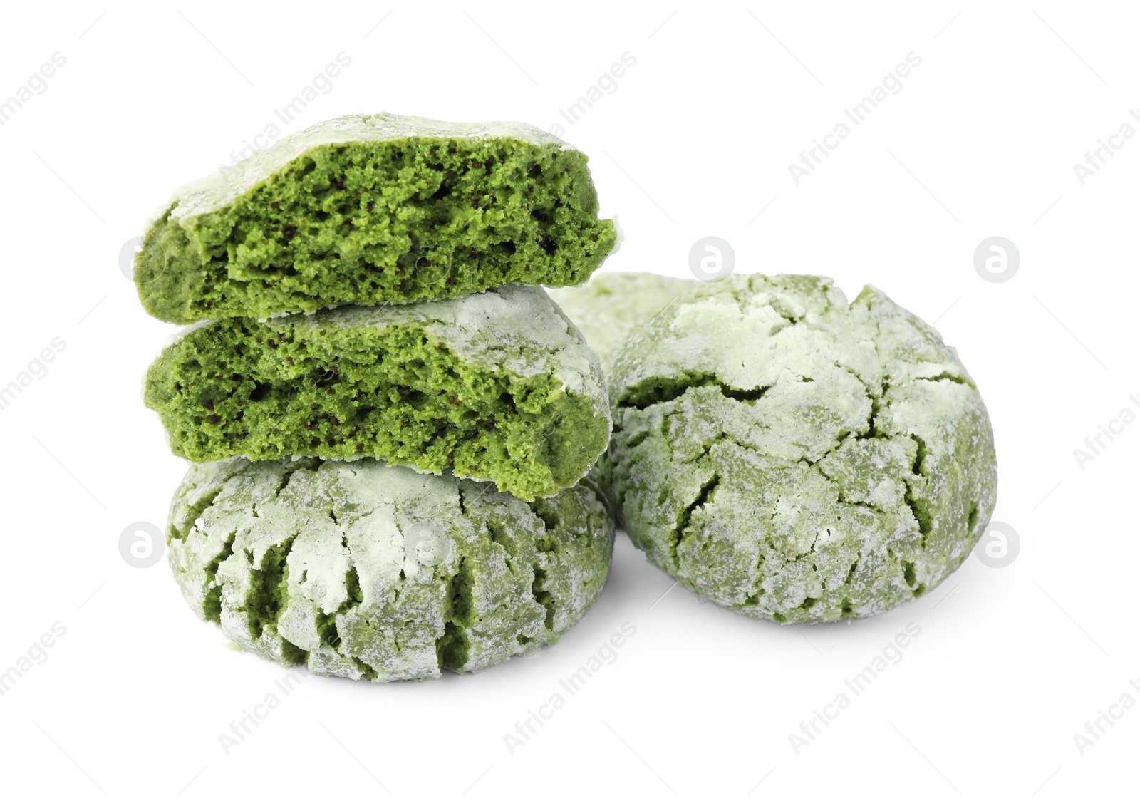 Photo of Tasty whole and broken matcha cookies on white background