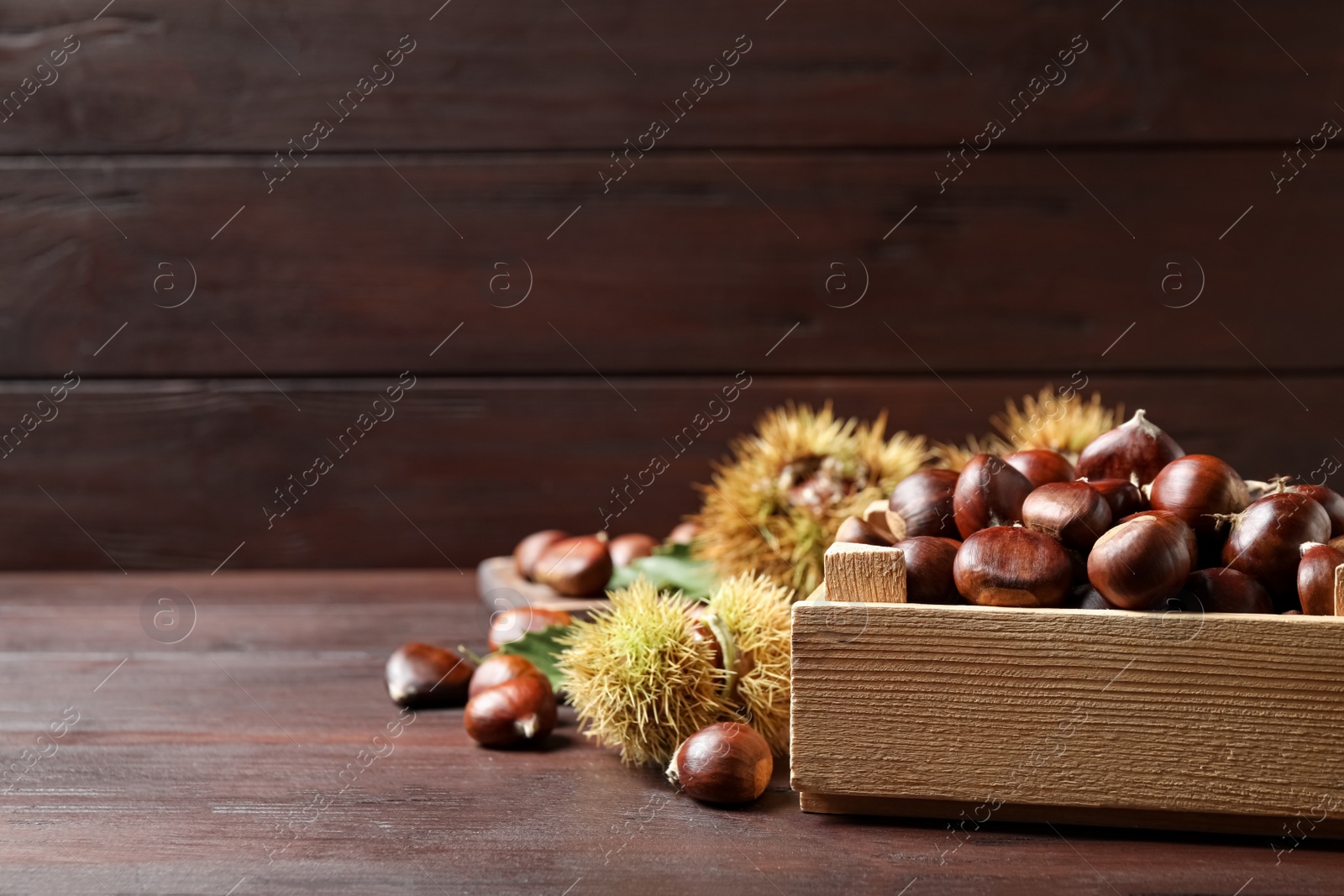 Photo of Fresh sweet edible chestnuts on wooden table. Space for text
