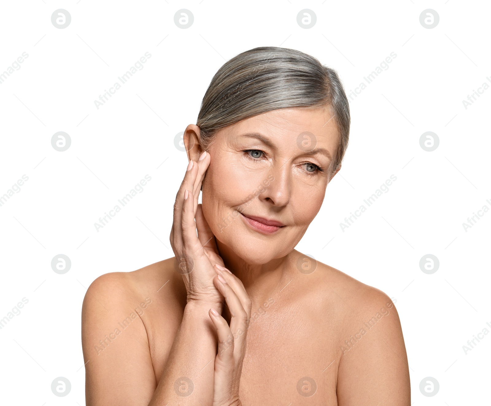 Photo of Beautiful mature woman with healthy skin on white background