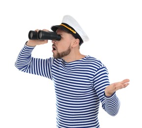 Photo of Sailor looking through binoculars on white background