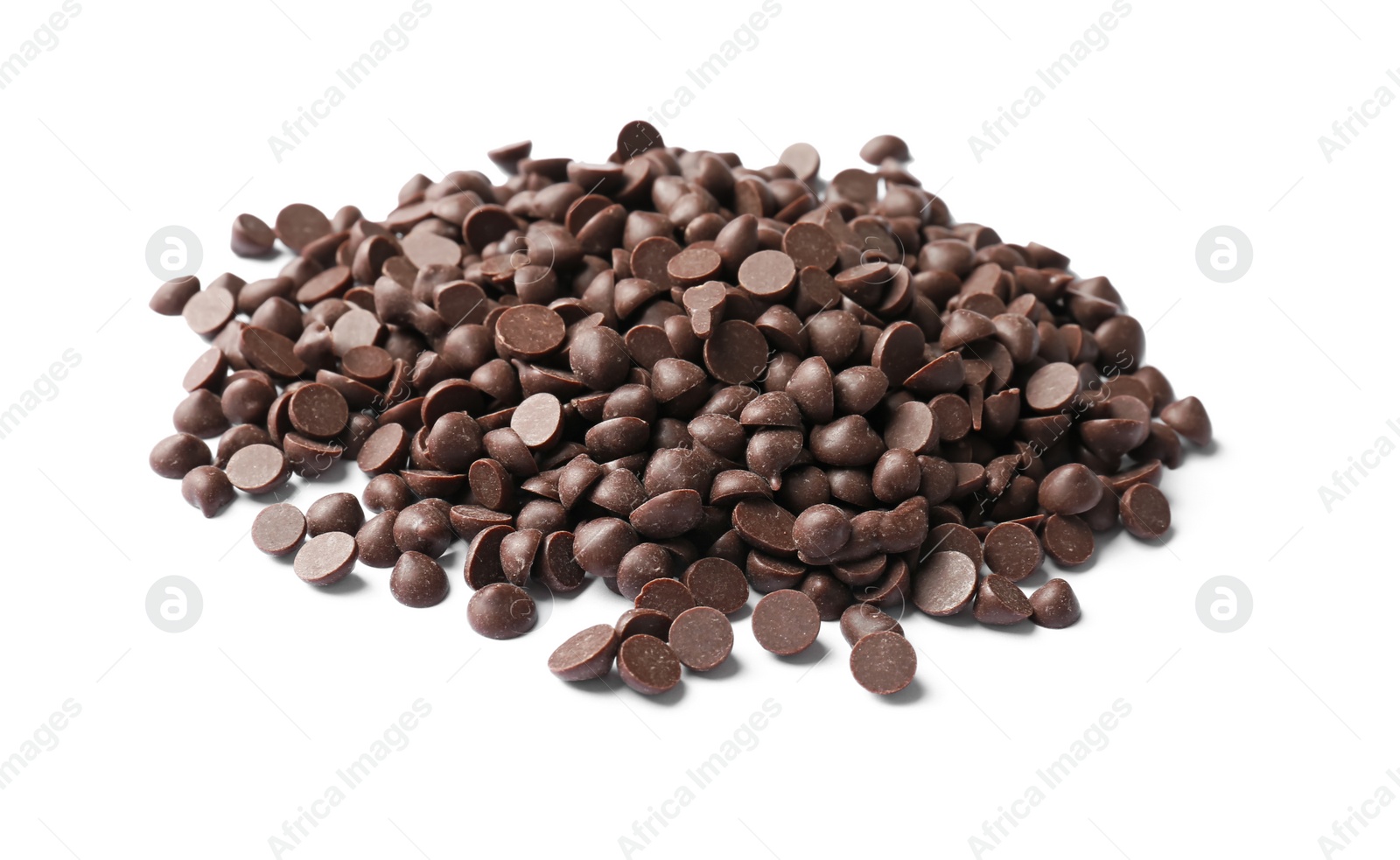 Photo of Delicious milk chocolate chips on white background