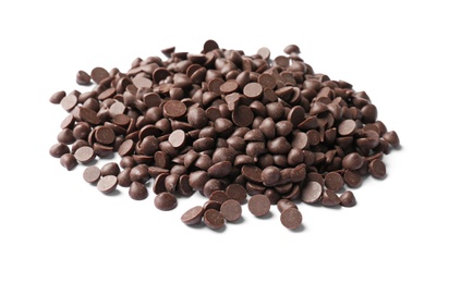 Photo of Delicious milk chocolate chips on white background