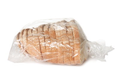 Photo of Sliced bread in plastic bag on white background