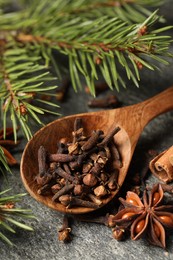 Photo of Different spices. Wooden spoon with clove seeds, anise star and fir branches on gray table, closeup