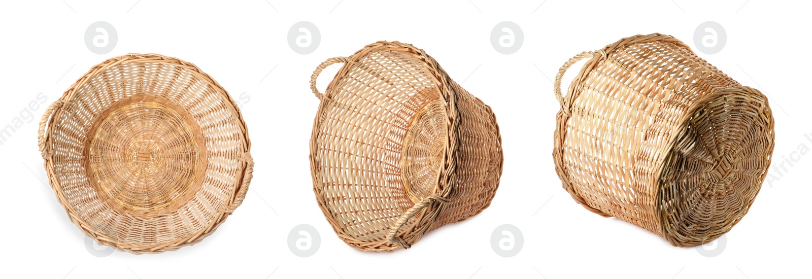 Image of Set with empty wicker baskets on white background, banner design