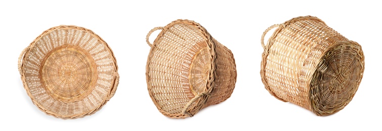 Set with empty wicker baskets on white background, banner design