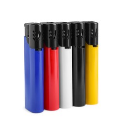 Stylish small pocket lighters on white background