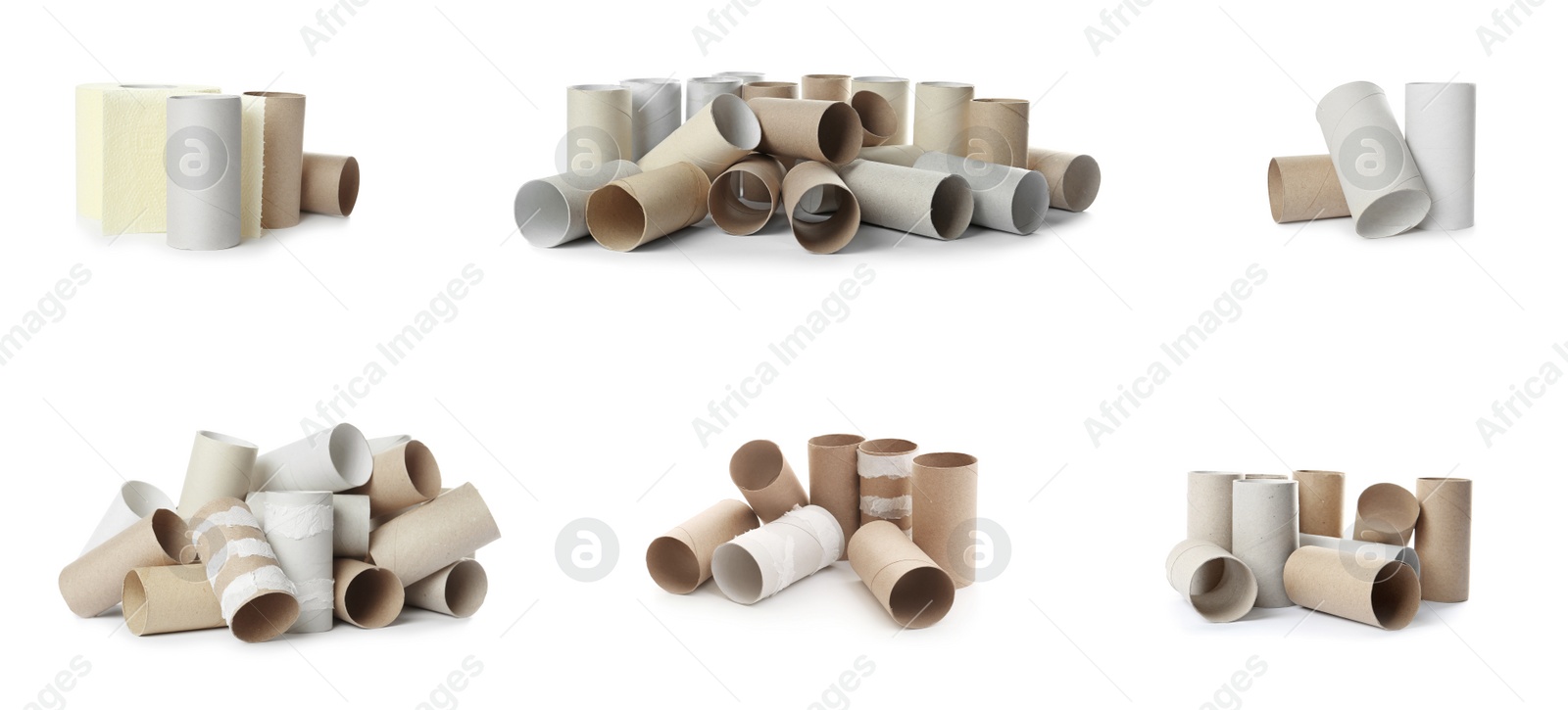 Image of Set with empty paper toilet rolls on white background. Banner design