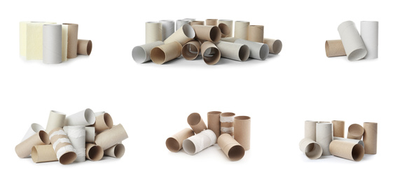 Image of Set with empty paper toilet rolls on white background. Banner design