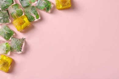 Ice cubes with flowers and leaves on pink background, flat lay. Space for text