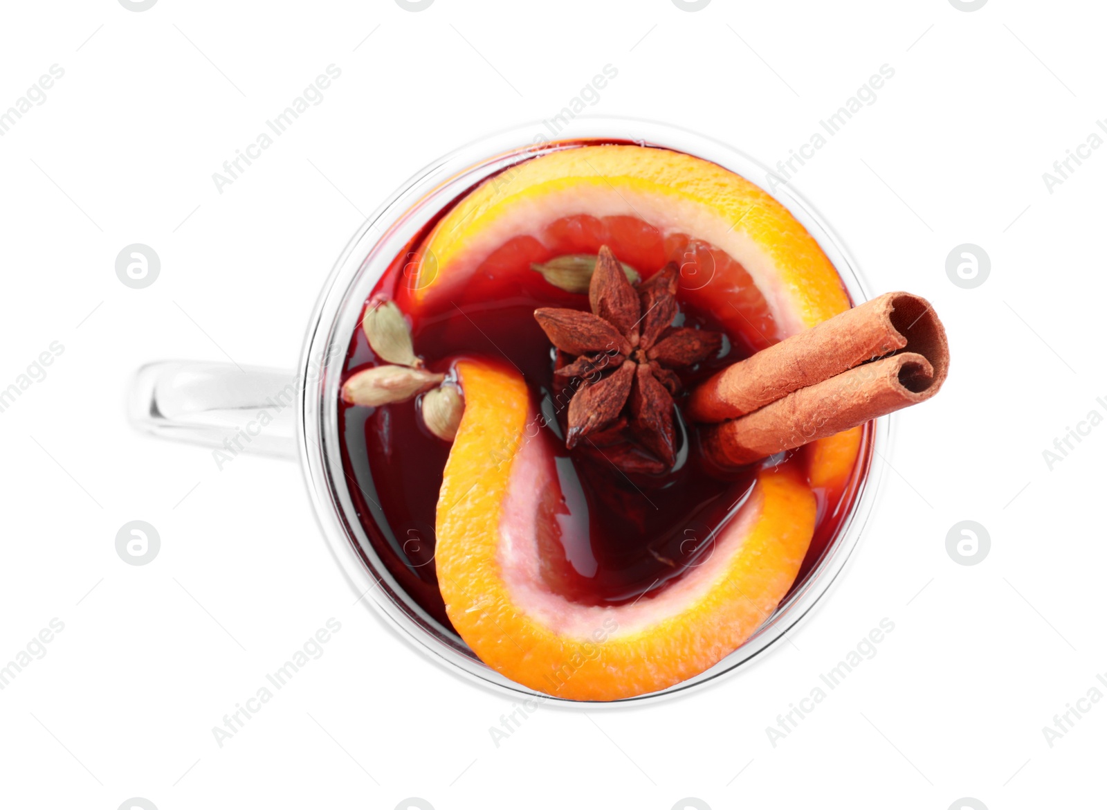 Photo of Aromatic mulled wine isolated on white, top view