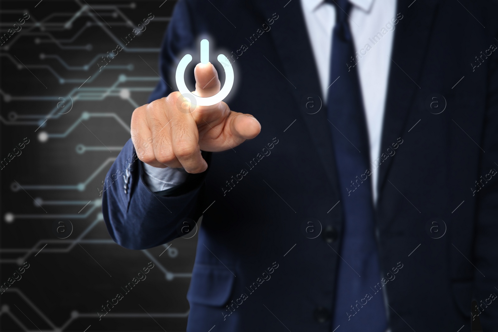 Image of Man pressing power button on virtual screen, closeup 