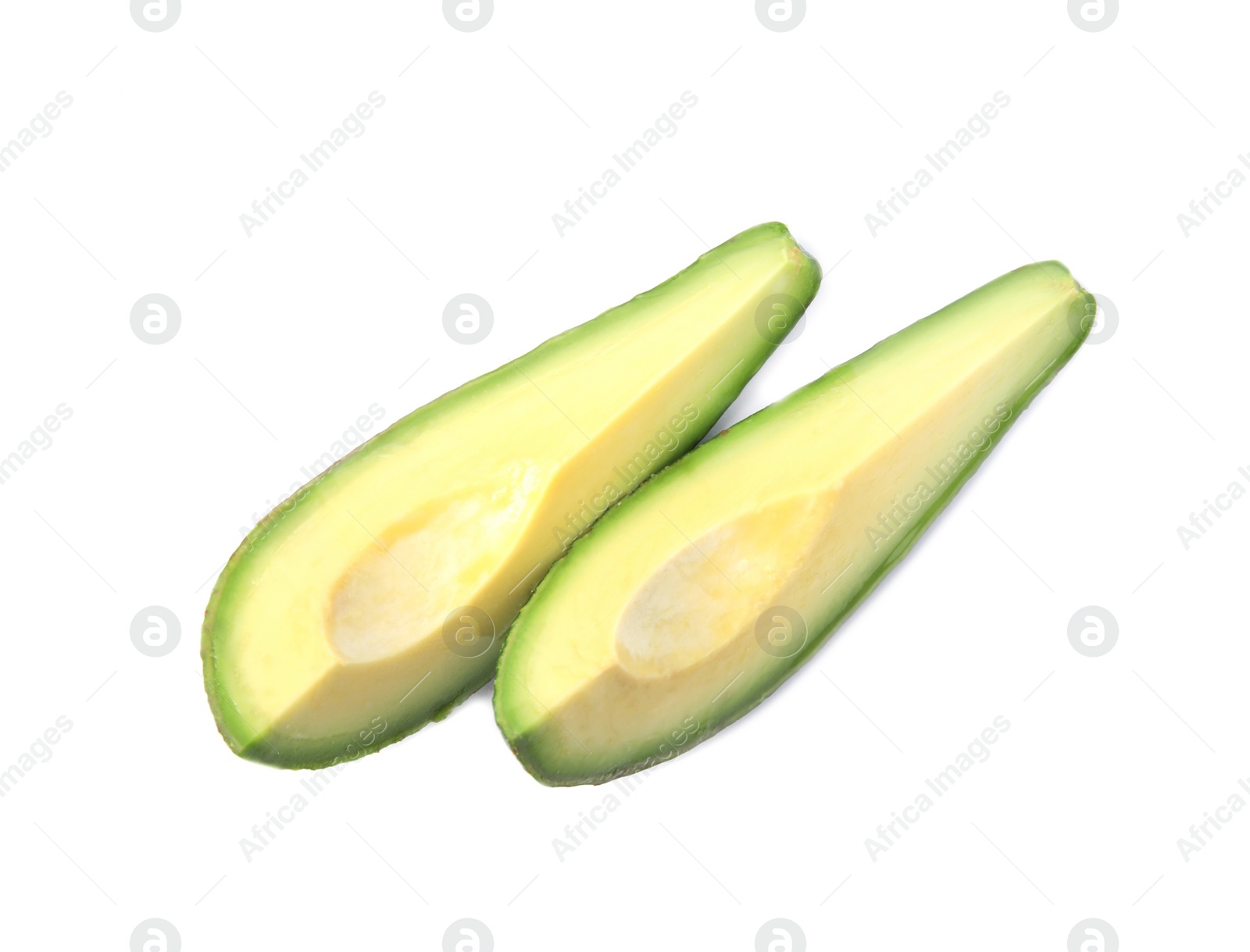 Photo of Slices of raw avocado isolated on white, top view