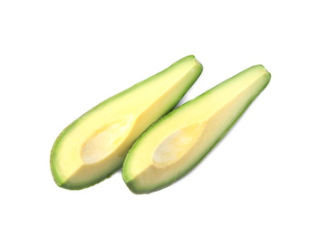 Photo of Slices of raw avocado isolated on white, top view