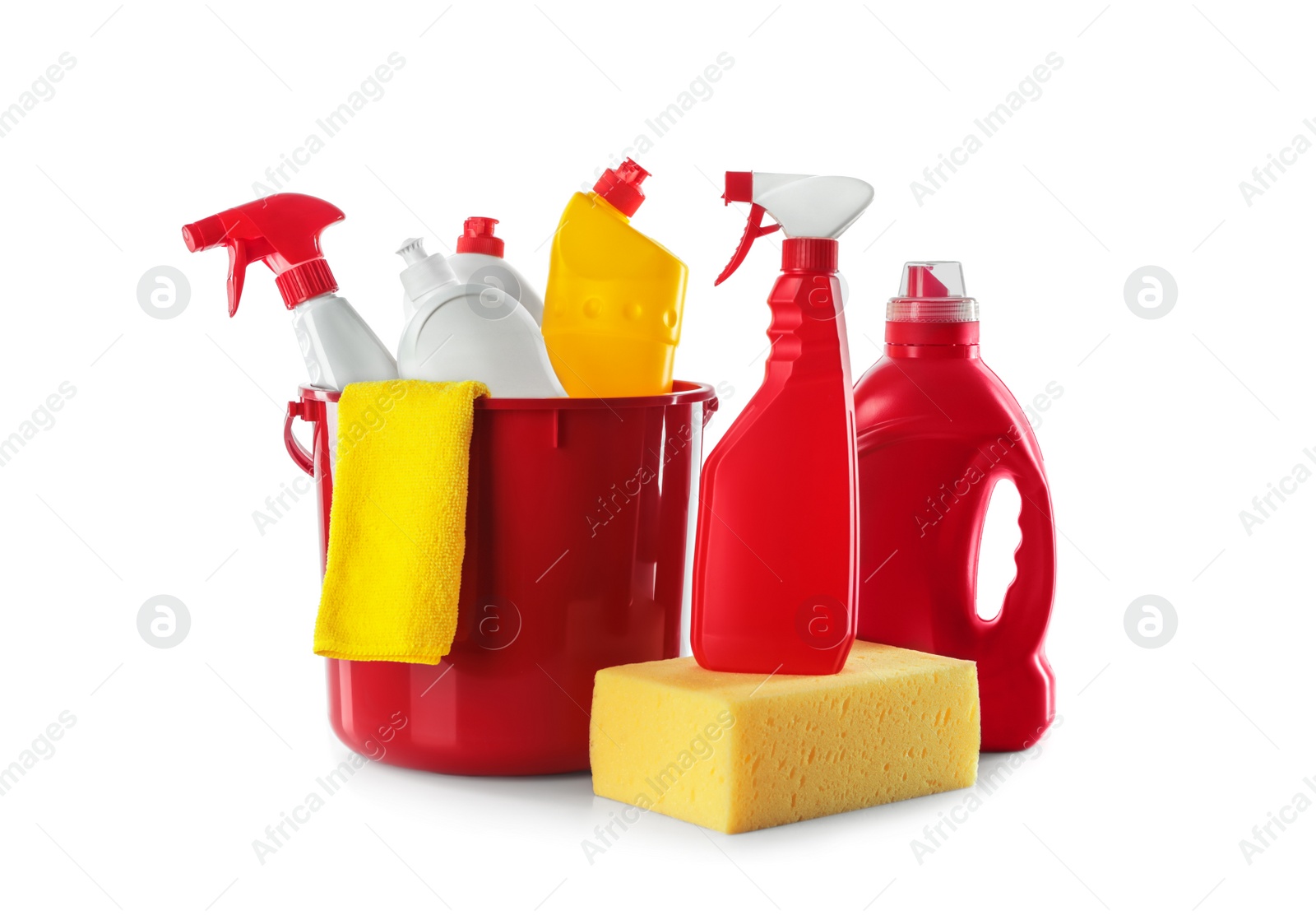 Photo of Plastic bucket and different cleaning supplies on white background