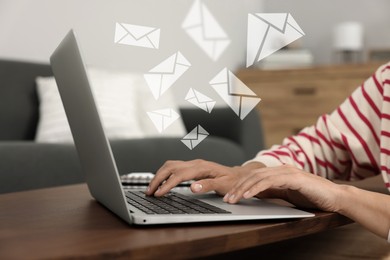 Image of Woman typing on laptop at table indoors, closeup. Many illustrations of envelope as incoming messages over device