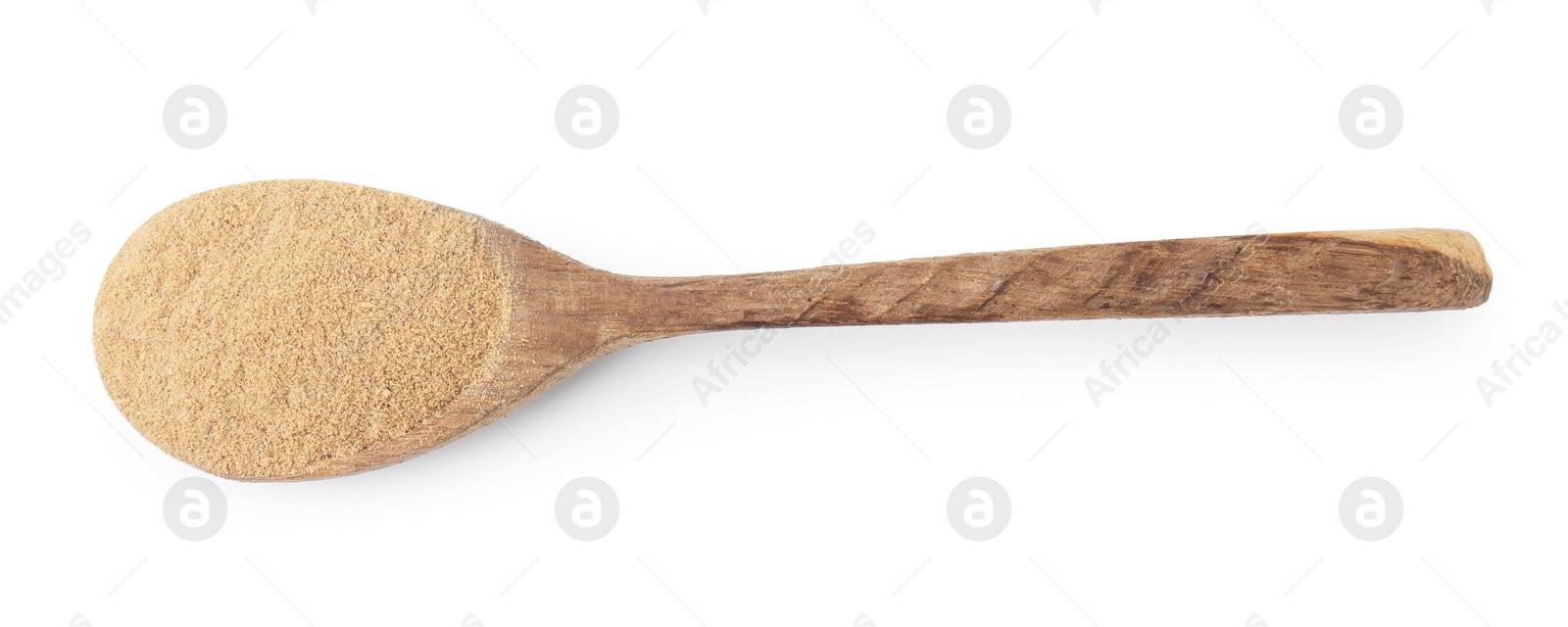 Photo of Dietary fiber. Psyllium husk powder in spoon isolated on white, top view