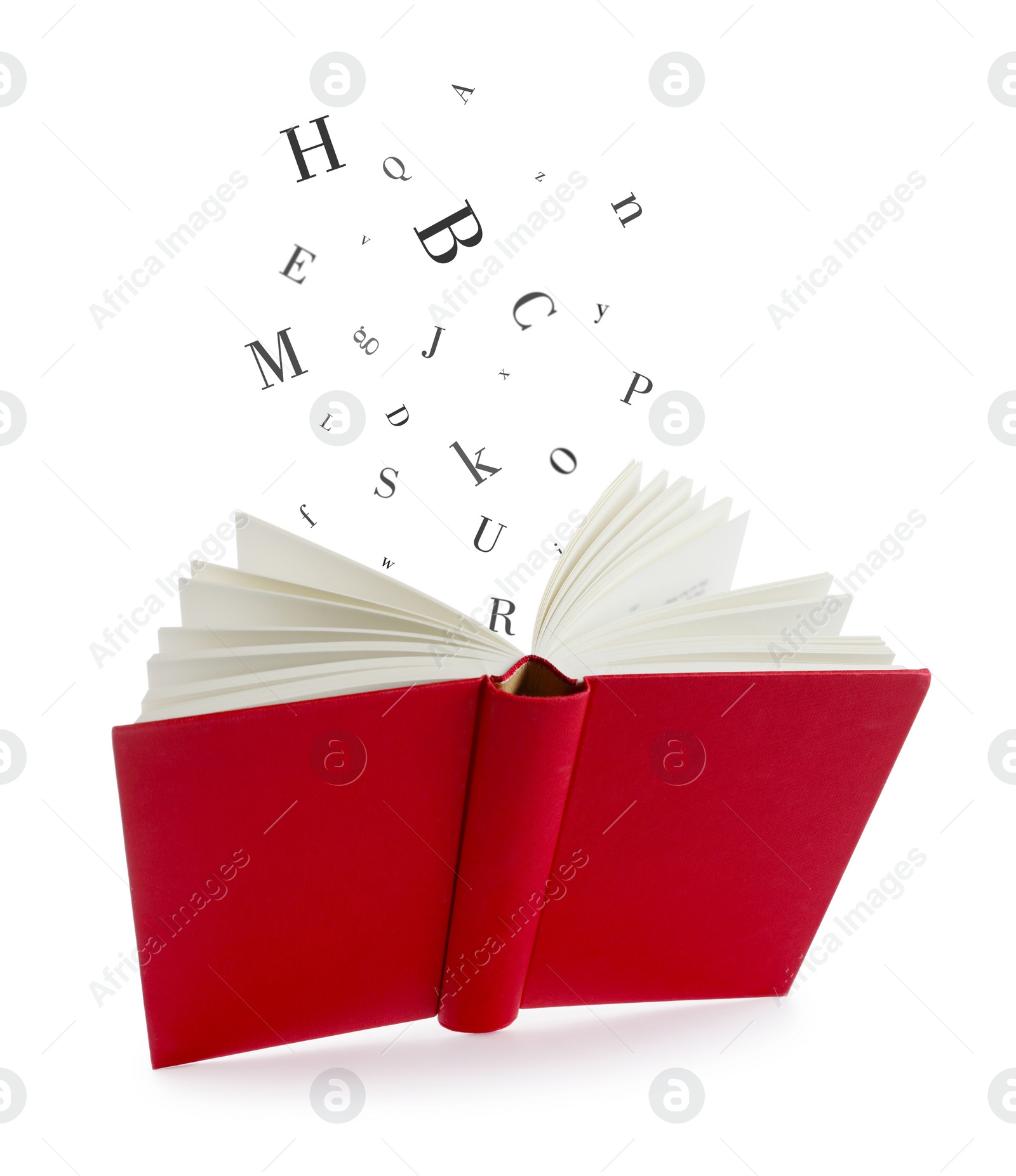 Image of Open book in air with letters flying out of it on white background
