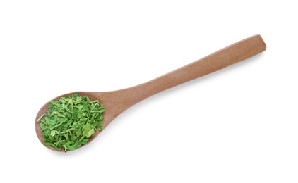Photo of Wooden spoon of dried parsley isolated on white, top view