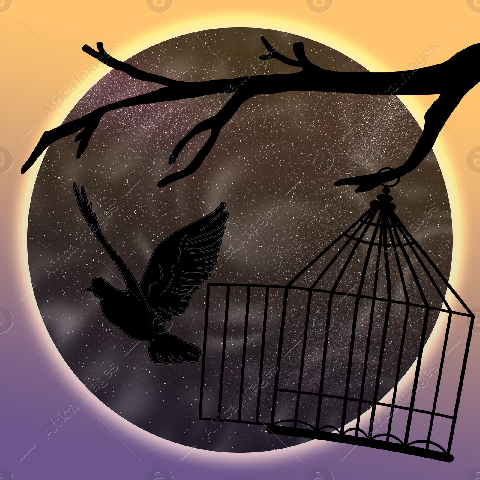 Illustration of Beautiful illustration demonstrating sense of freedom. Bird leaving cage