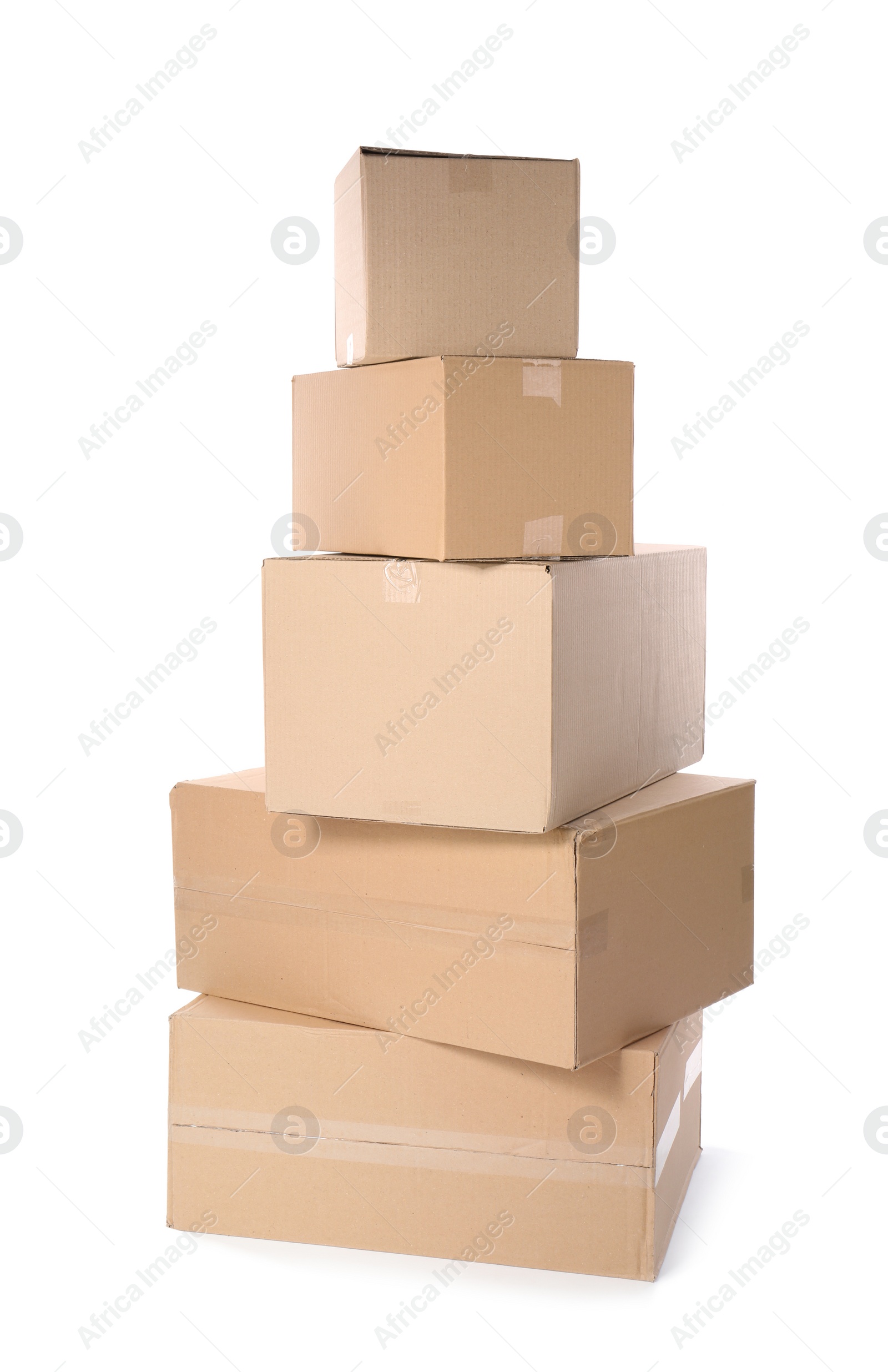 Photo of Cardboard parcel boxes on white background. Mockup for design