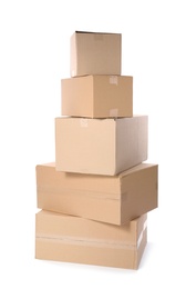 Photo of Cardboard parcel boxes on white background. Mockup for design