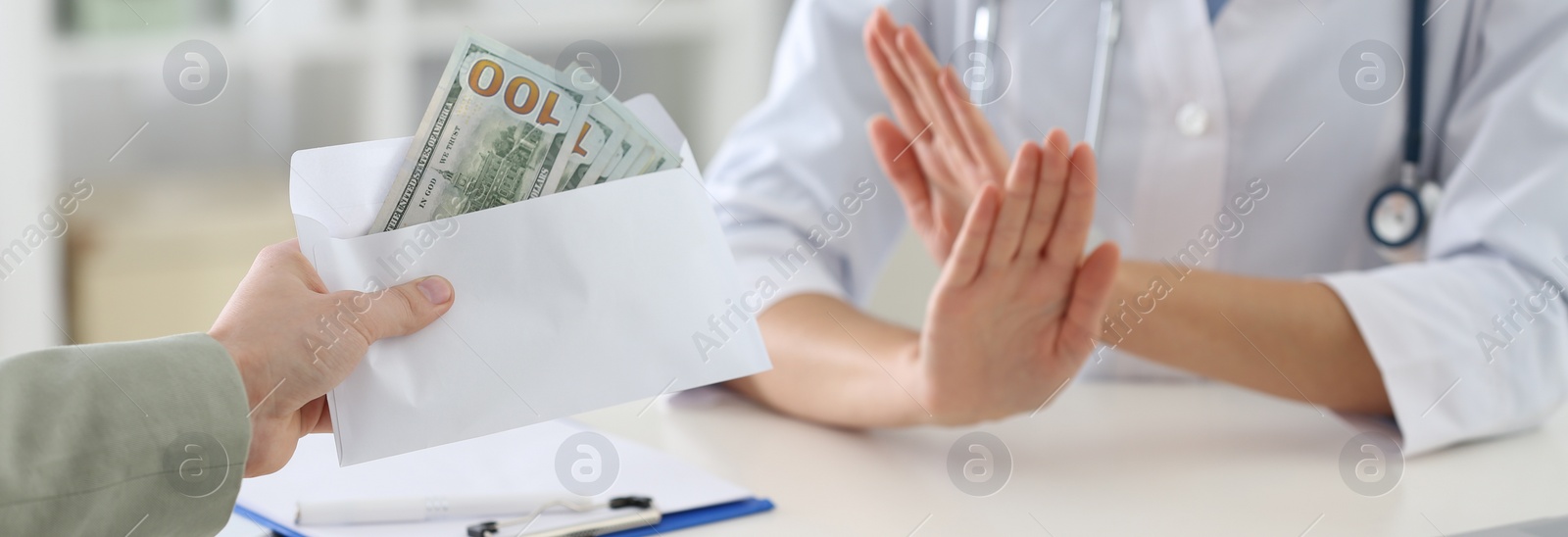 Image of Doctor rejecting bribe in clinic, closeup. Banner design