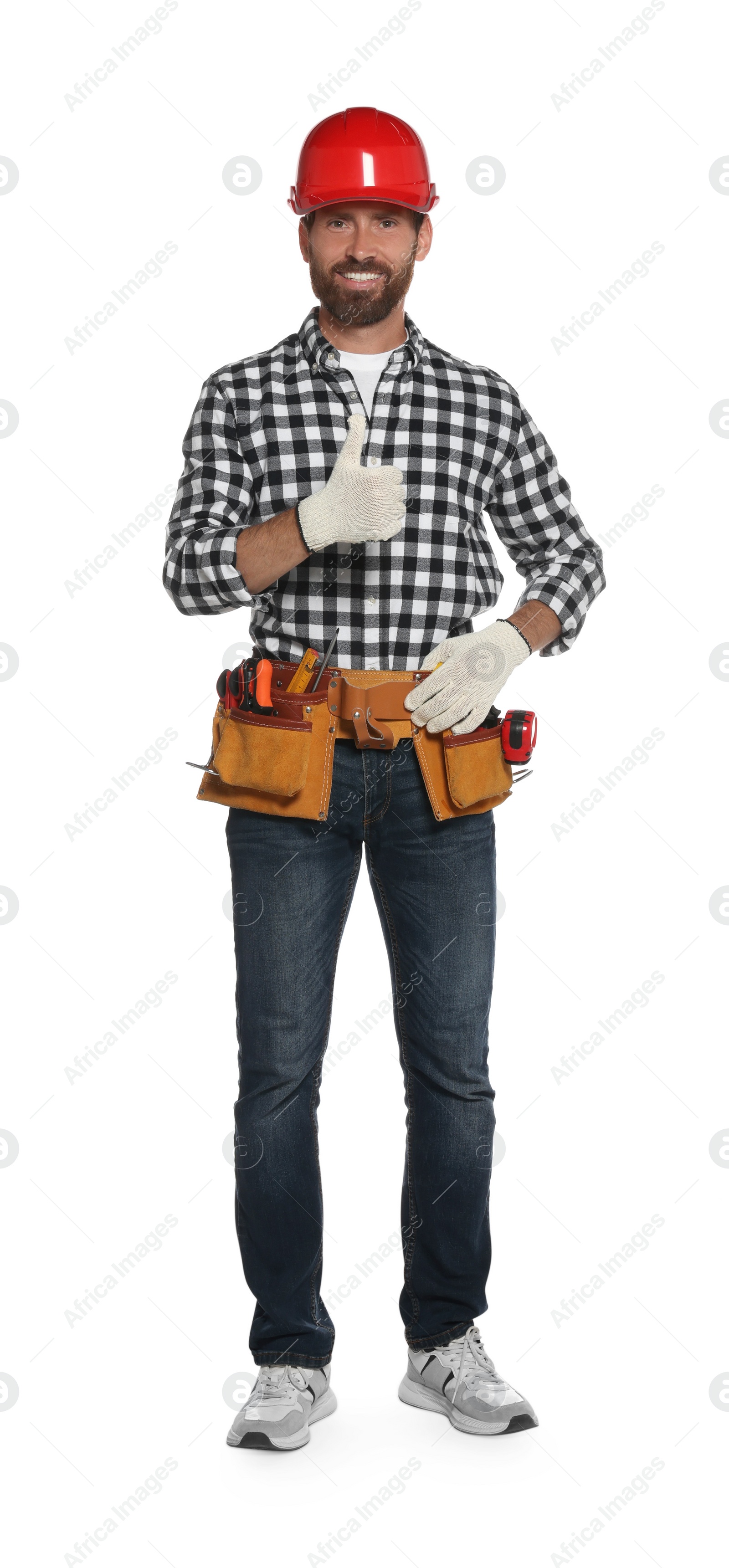 Photo of Professional builder in hard hat with tool belt isolated on white