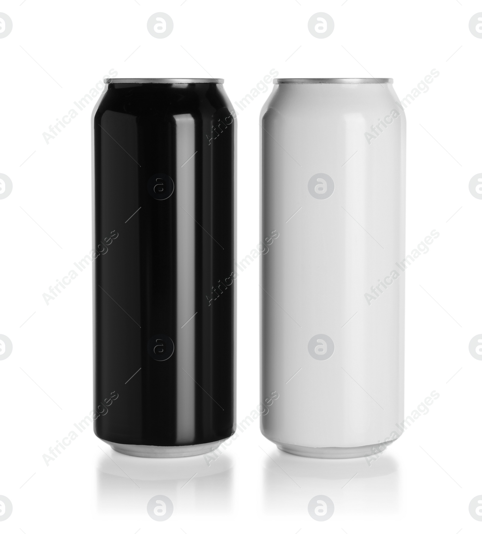 Photo of Aluminum cans with drinks on white background