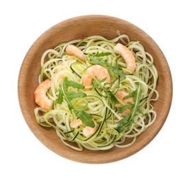 Photo of Tasty zucchini pasta with shrimps and arugula isolated on white, top view